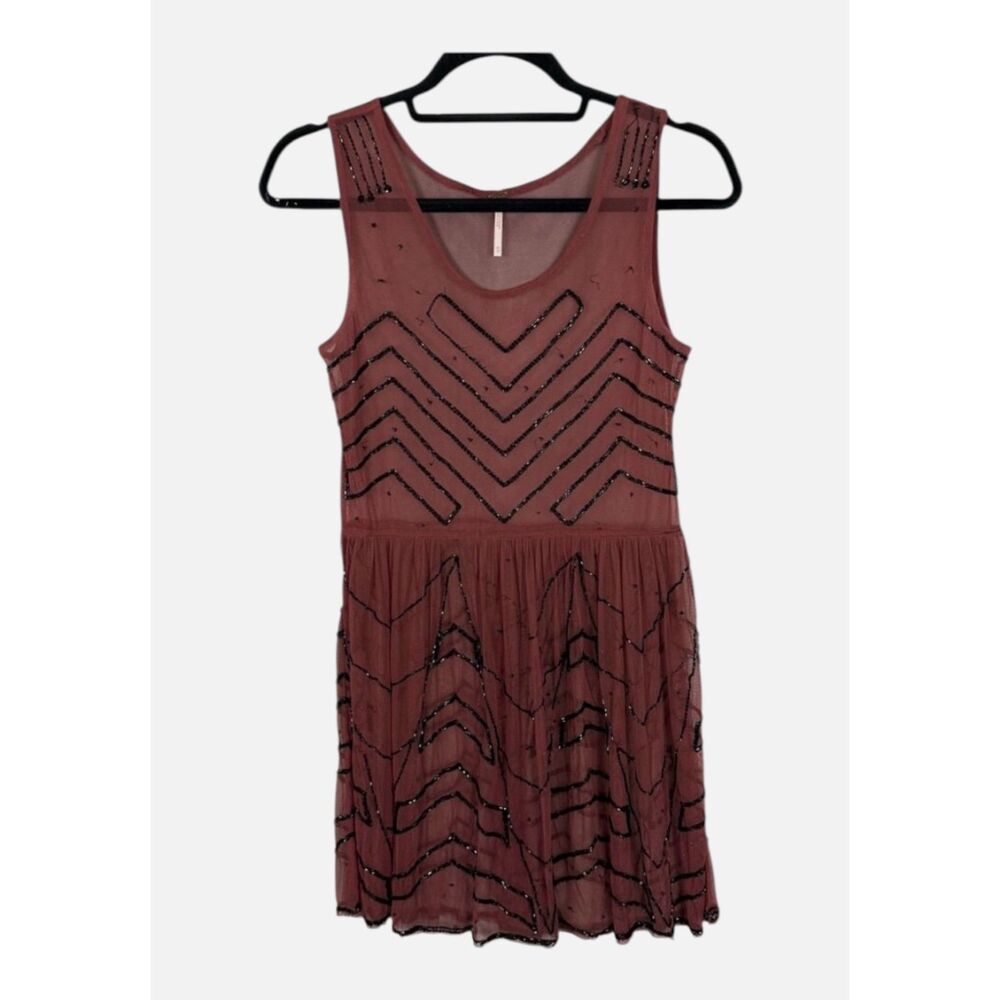 Free People Beaded Sheer Mesh Mini Dress Burgundy Black Boho Festival Size XS